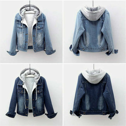 Retro Blue Fur Lined Jean Jacket with Hoodie