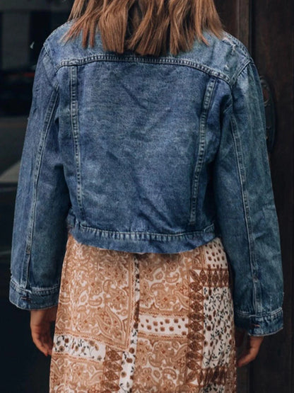 Button Up Cropped Distressed Denim Jacket