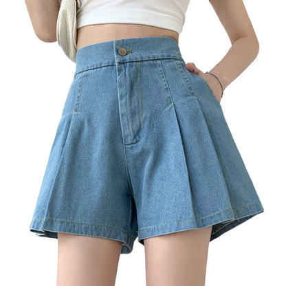 Wide Leg Pleated Women Denim Shorts