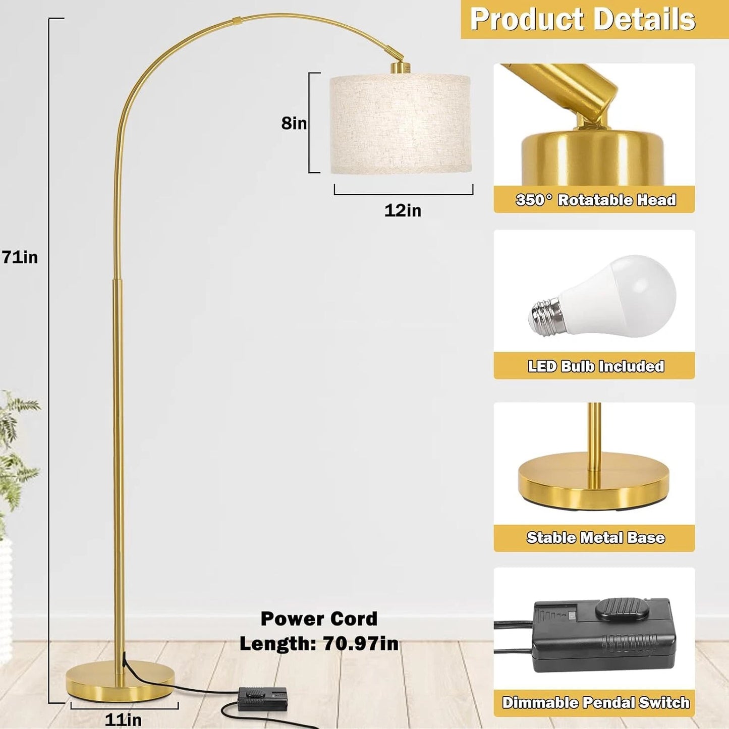 Curved Standing Gold Arc Lamp for Living Room