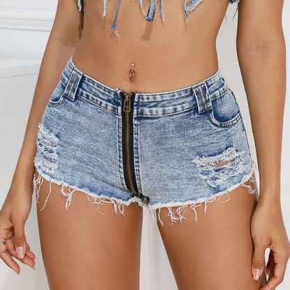 Womens Ripped Denim Shorts Mini Blue Jean with Front Zip
