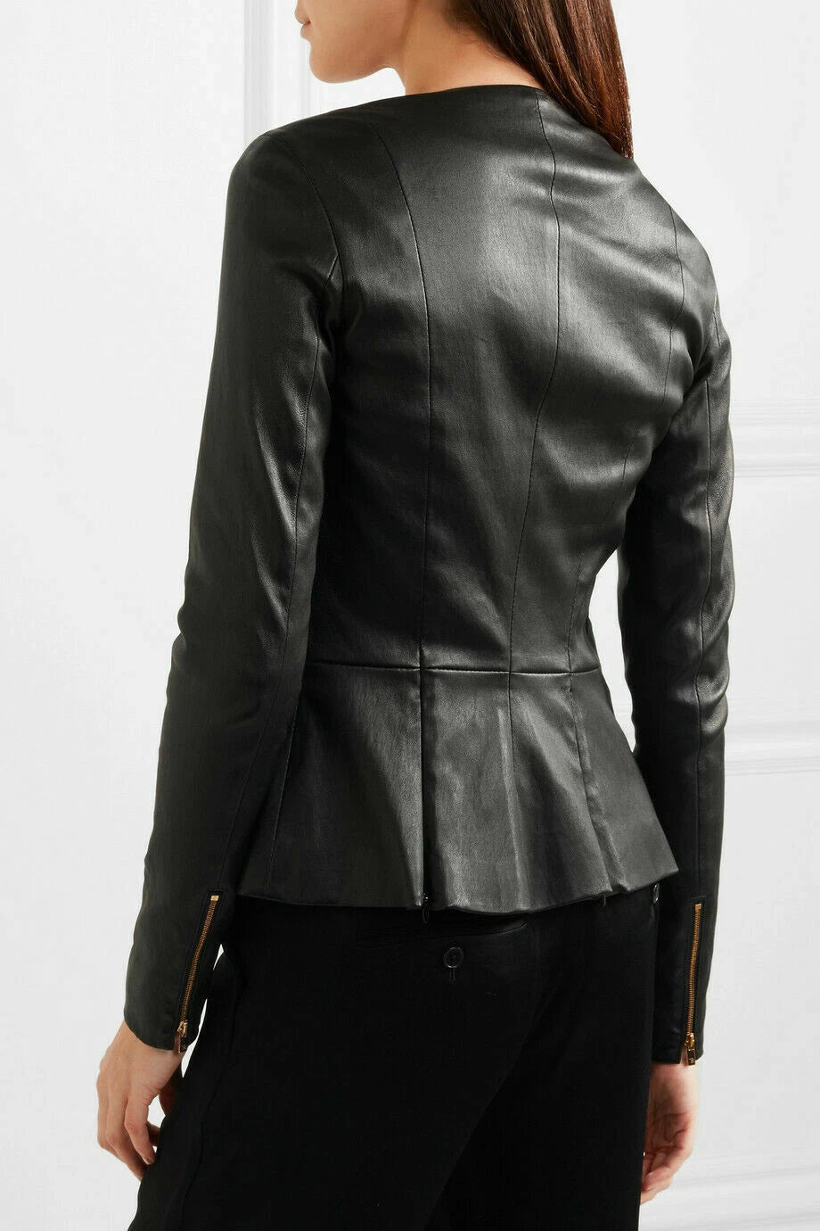 Black Leather Jacket for Women in Lambskin Collarless Design