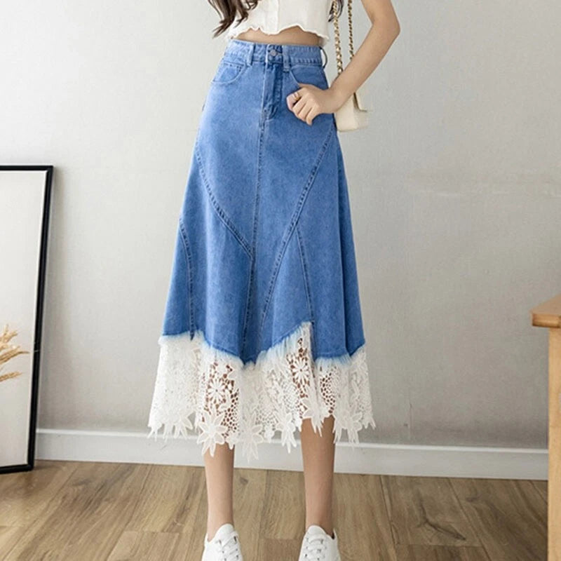 High Waist Lace Hem Denim Midi Skirt for Women