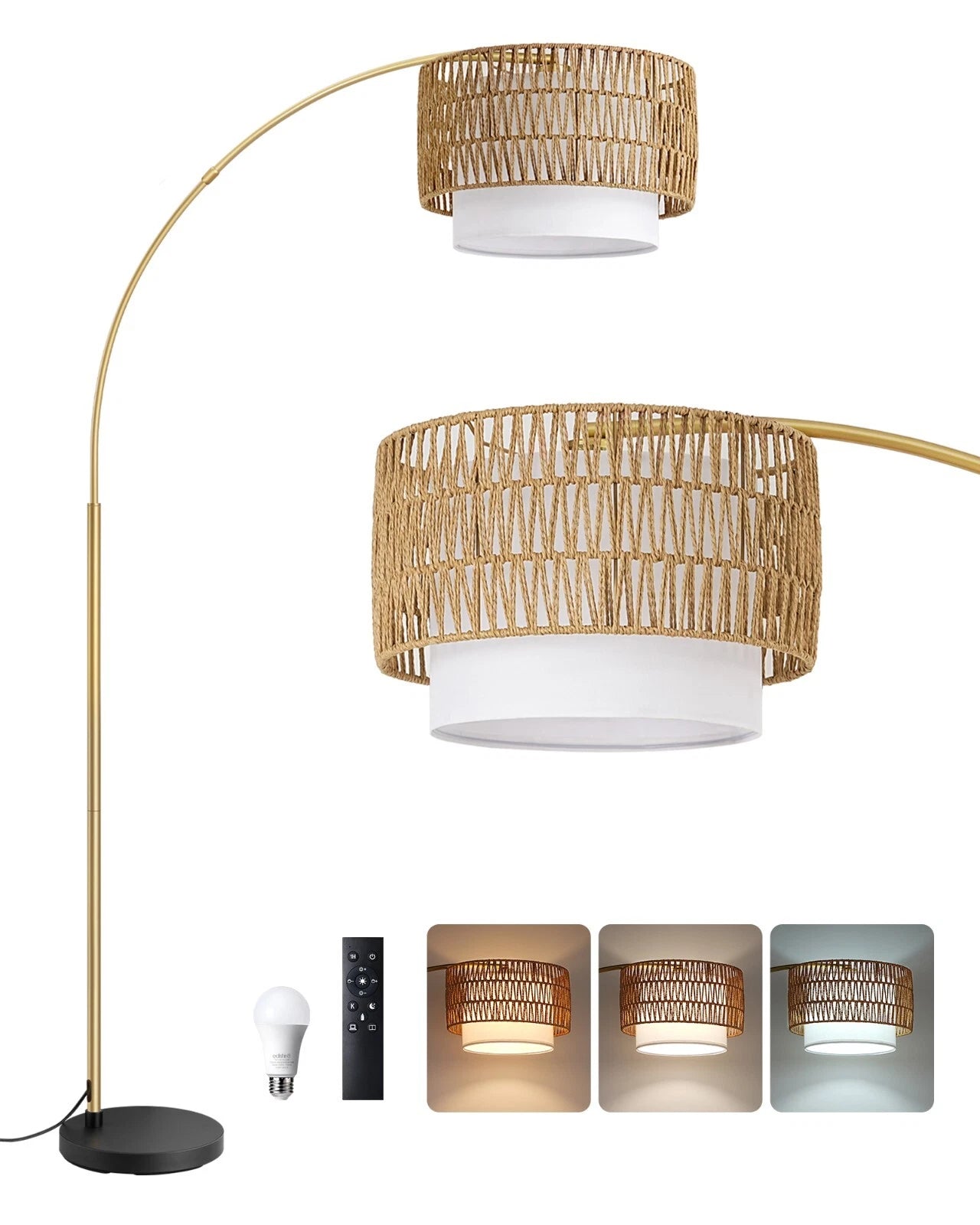 Gold Arched Boho Floor Lamp with Rattan Shade