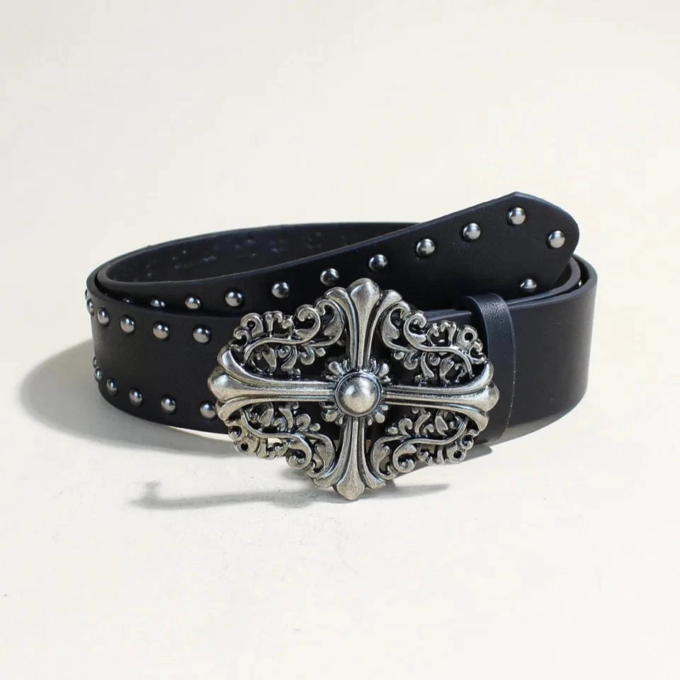 Women's studded black leather belt for jeans