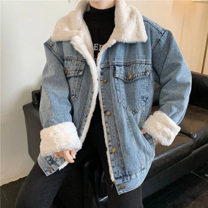 Oversized Faux Fur Lined Denim Jacket for Women