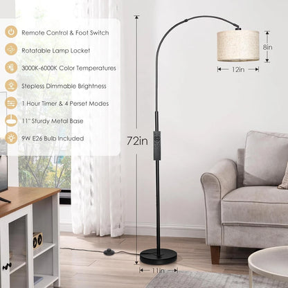 Modern Black Arc Floor Lamp Linen Shade For Living Room