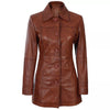 Women's leather trench coat in brown sheepskin. Long leather jacket with a structured cut and button front. Perfect for cool-weather layering.

