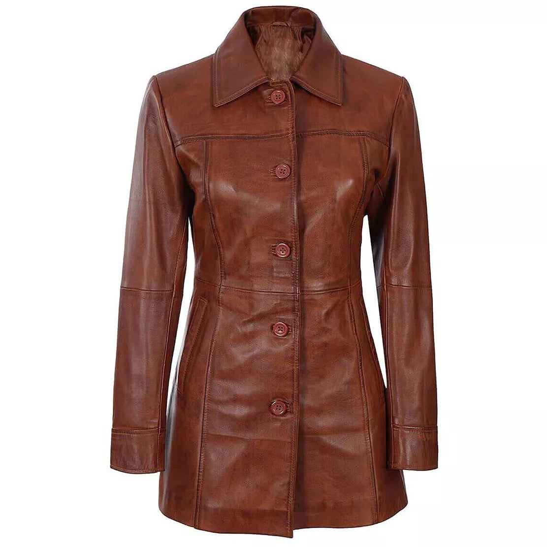 Women's leather trench coat in brown sheepskin. Long leather jacket with a structured cut and button front. Perfect for cool-weather layering.
