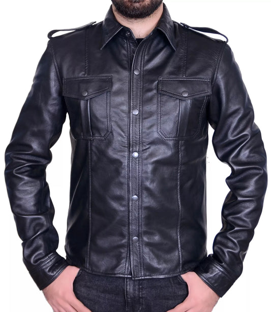 Genuine leather mens shirt long sleeve