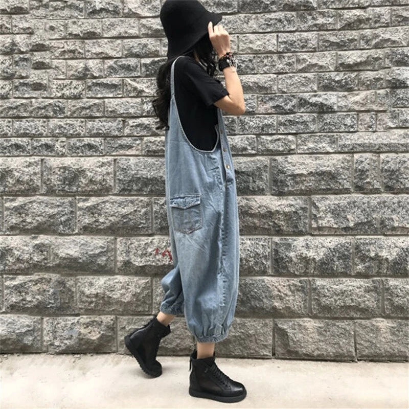 Baggy denim overall dress for women loose retro fit