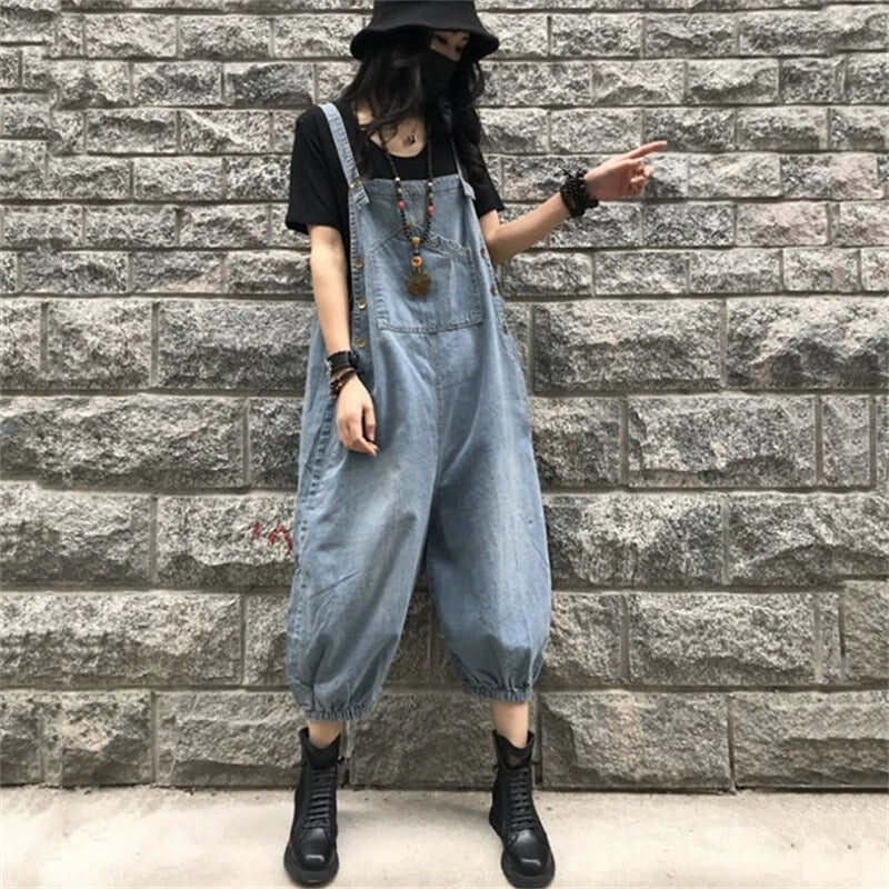 Baggy denim overall dress for women loose retro fit Light Wash M