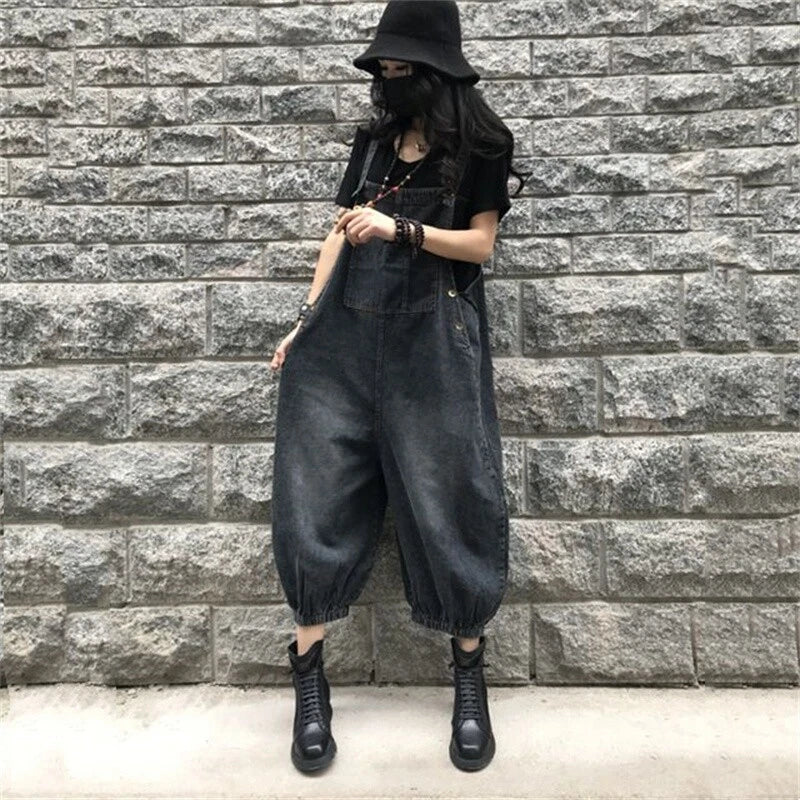 Baggy denim overall dress for women loose retro fit