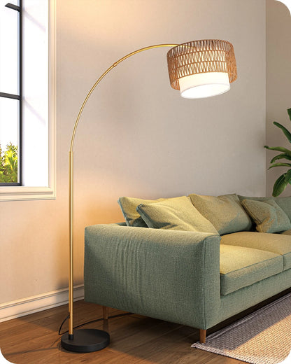 Gold Arched Boho Floor Lamp with Rattan Shade