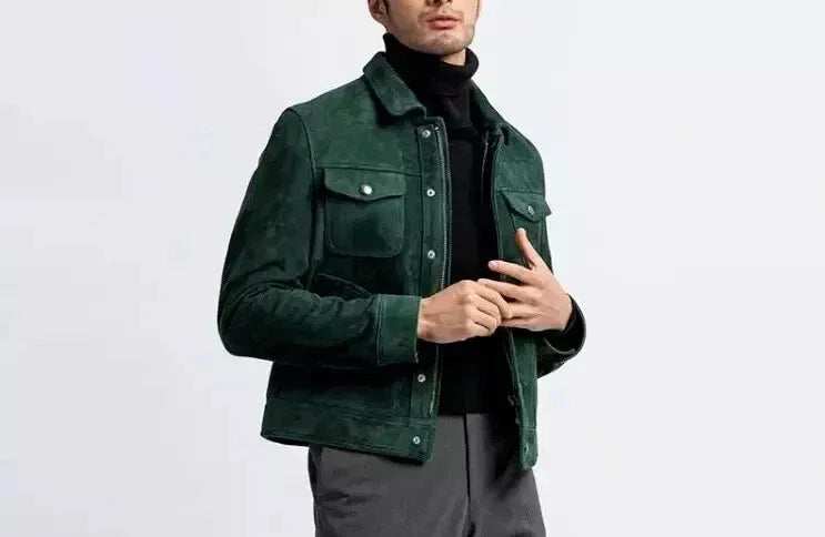 Men’s Dark Green Suede Trucker Jacket Matte Finish