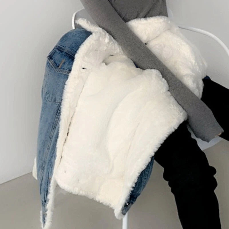 Oversized Faux Fur Lined Denim Jacket for Women
