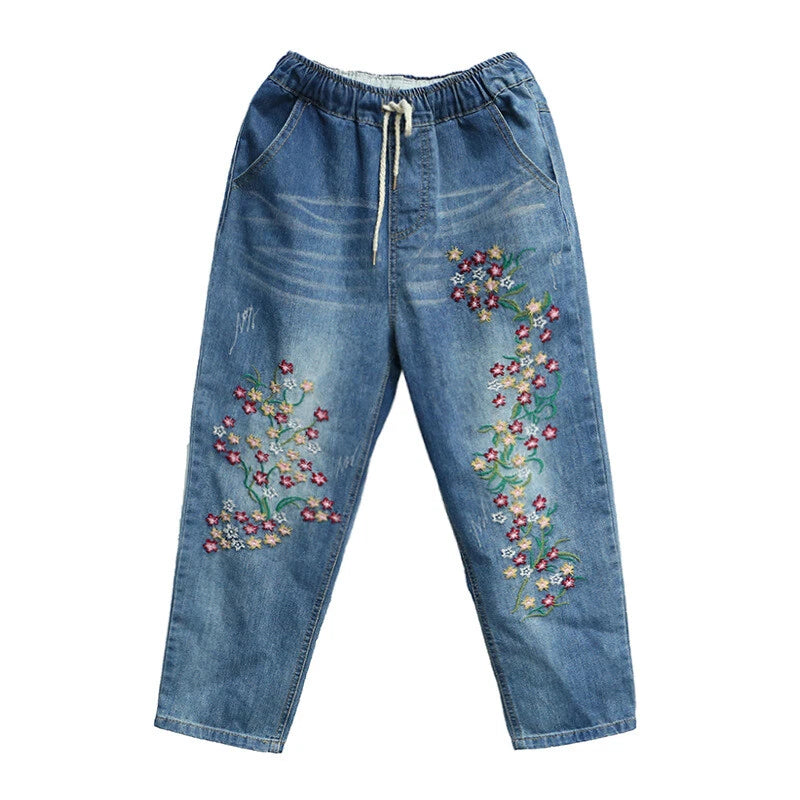 Floral Embroidered Denim Jogger Pants for Women