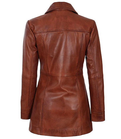Brown Leather Trench Coat for Women Button Up Outerwear