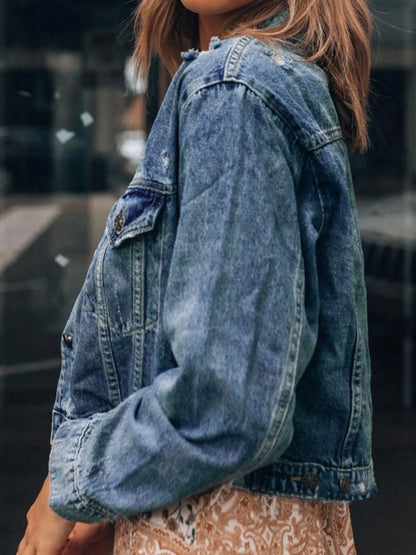 Button Up Cropped Distressed Denim Jacket