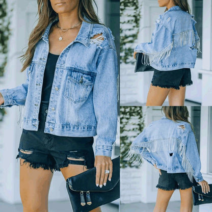 Light Blue Washed Denim Jacket with Tassel