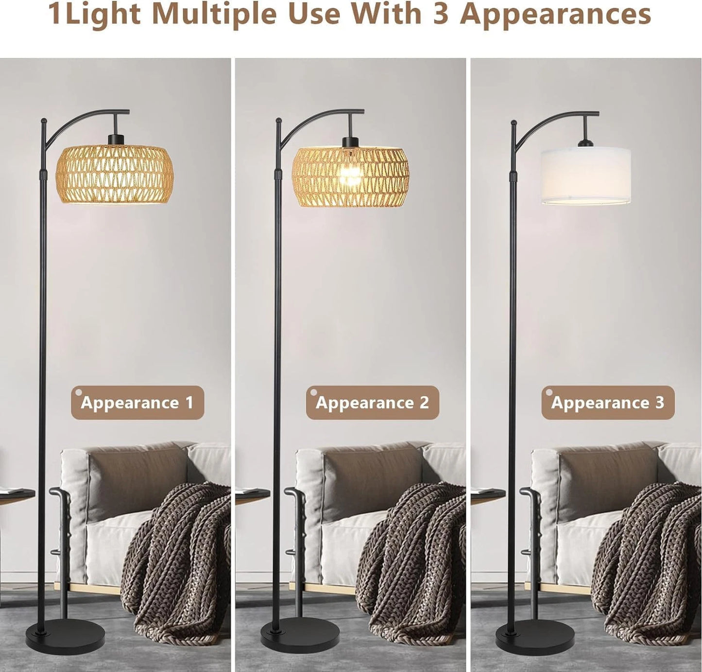 Rattan Arc Floor Standing Lamp for Living Room