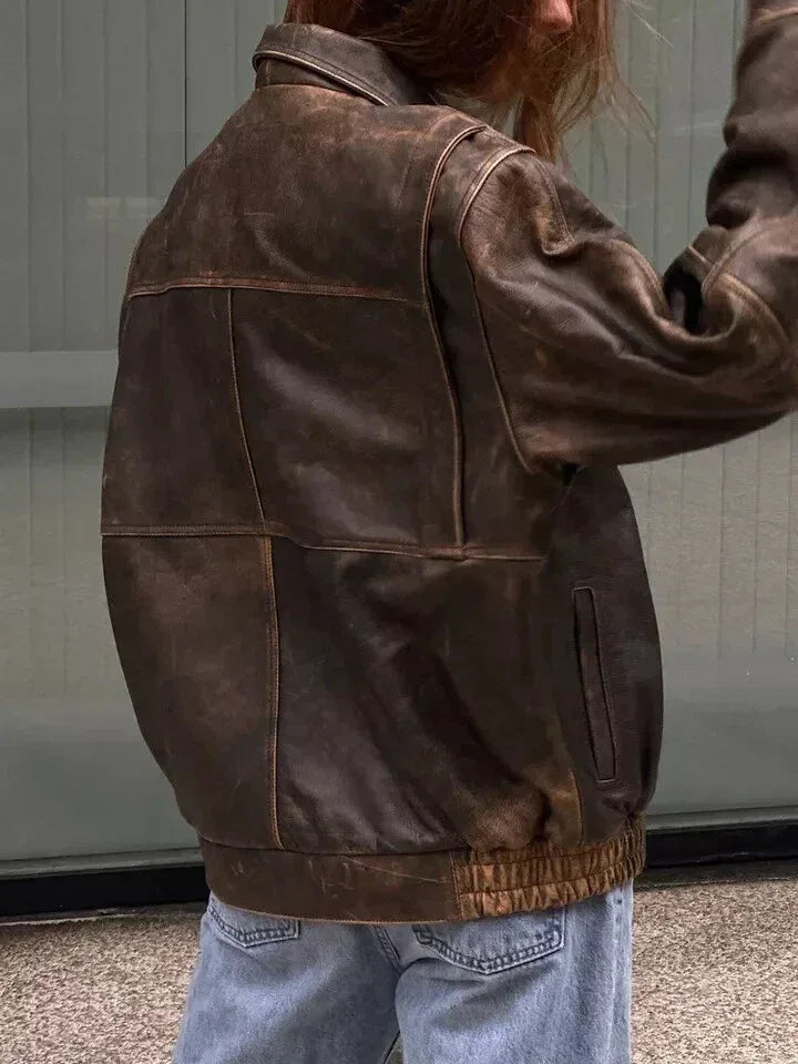 Women Oversized Leather Jacket Brown Distressed Vintage A2 Bomber