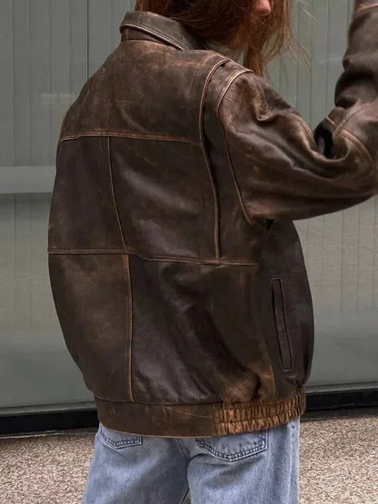 Women Oversized Leather Jacket Brown Distressed Vintage A2 Bomber