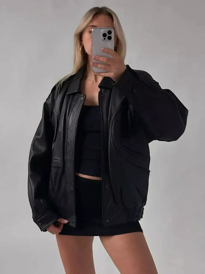 Oversize Leather Bomber Jacket - Main Image