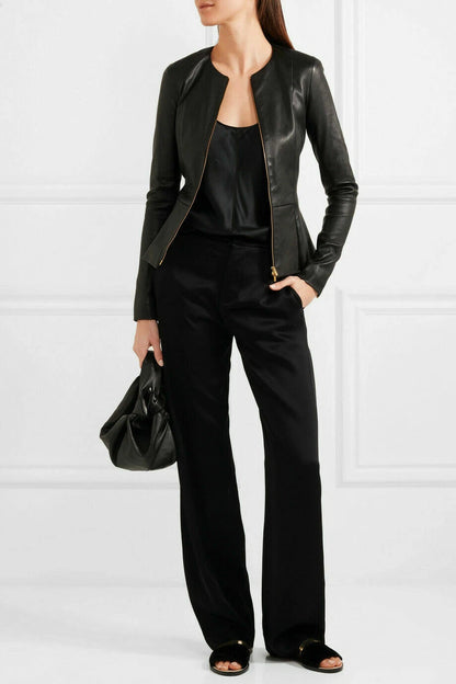 Black Leather Jacket for Women in Lambskin Collarless Design