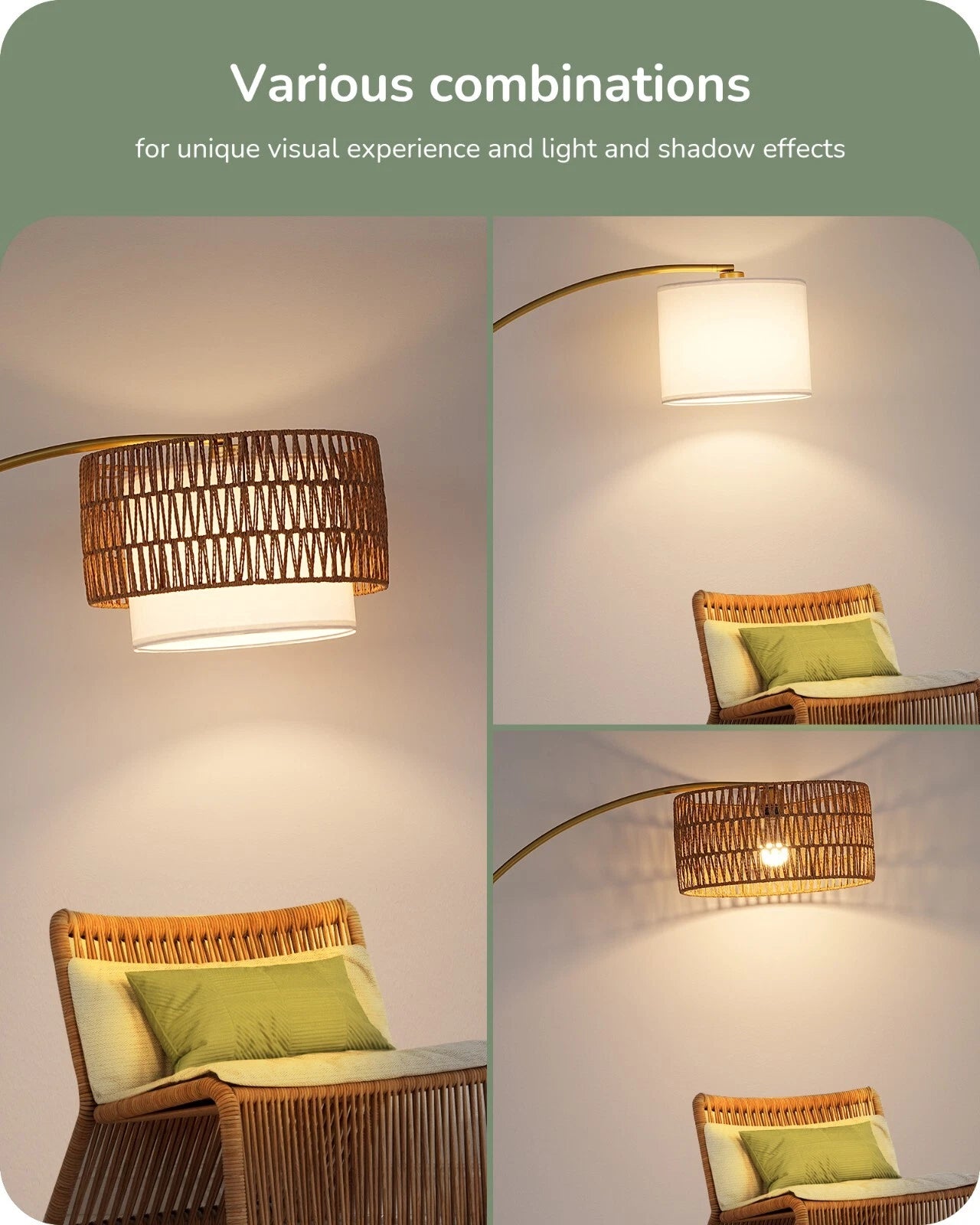 Gold Arched Boho Floor Lamp with Rattan Shade