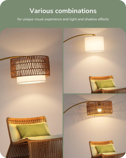 Gold Arched Boho Floor Lamp with Rattan Shade
