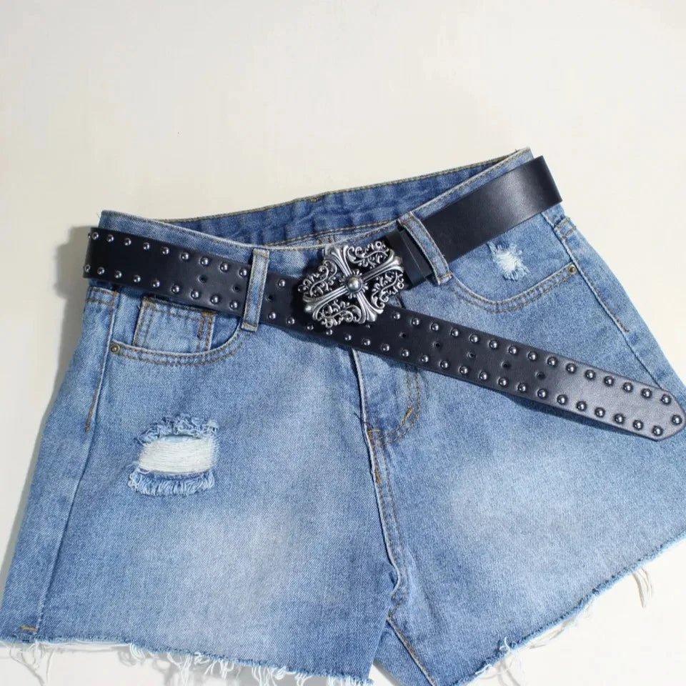 Women's studded black leather belt for jeans