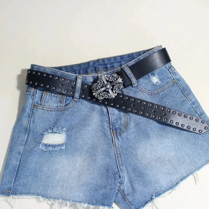Women's studded black leather belt for jeans