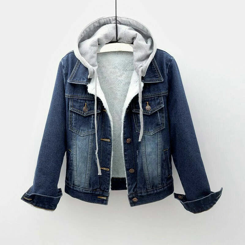 Retro Blue Fur Lined Jean Jacket with Hoodie