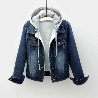 Retro Blue Fur Lined Jean Jacket with Hoodie