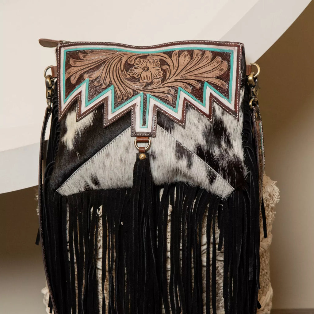 Tooled Leather Cowhide Crossbody Bag Fringe