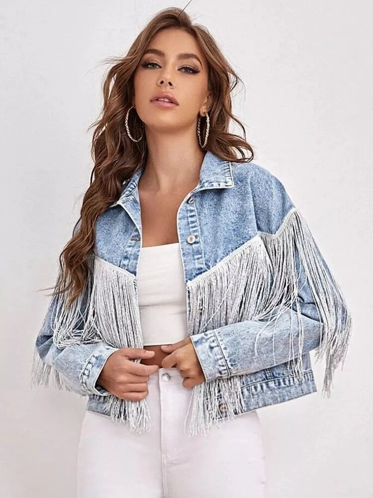 Light Wash Cropped Jean Jacket with Tassel Detail