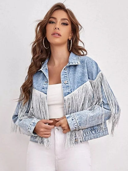 Light Wash Cropped Jean Jacket with Tassel Detail