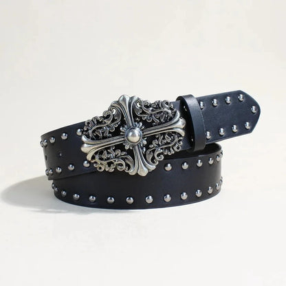 Women's studded black leather belt for jeans