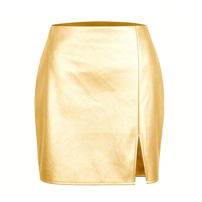 Metallic faux leather mini skirt women high waist