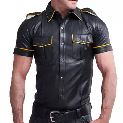 mens short sleeve leather shirt