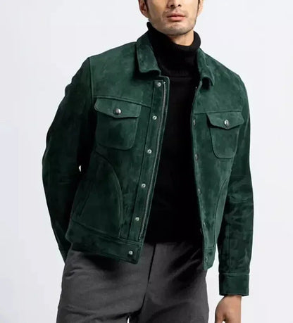 Men’s Dark Green Suede Trucker Jacket Matte Finish