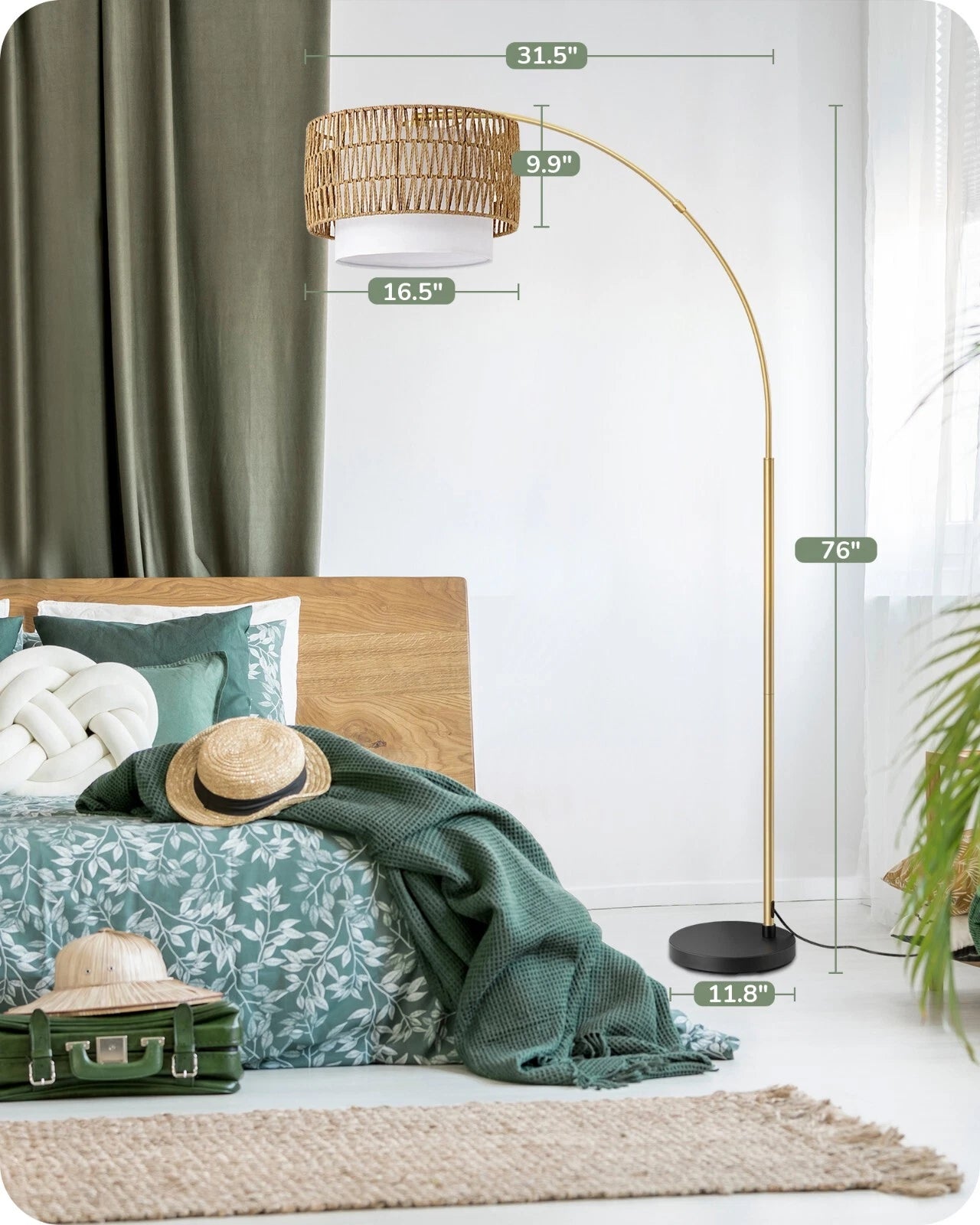 Gold Arched Boho Floor Lamp with Rattan Shade