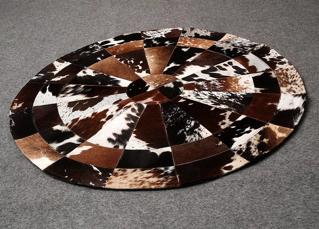 Tricolor Round Cowhide Patchwork Rug