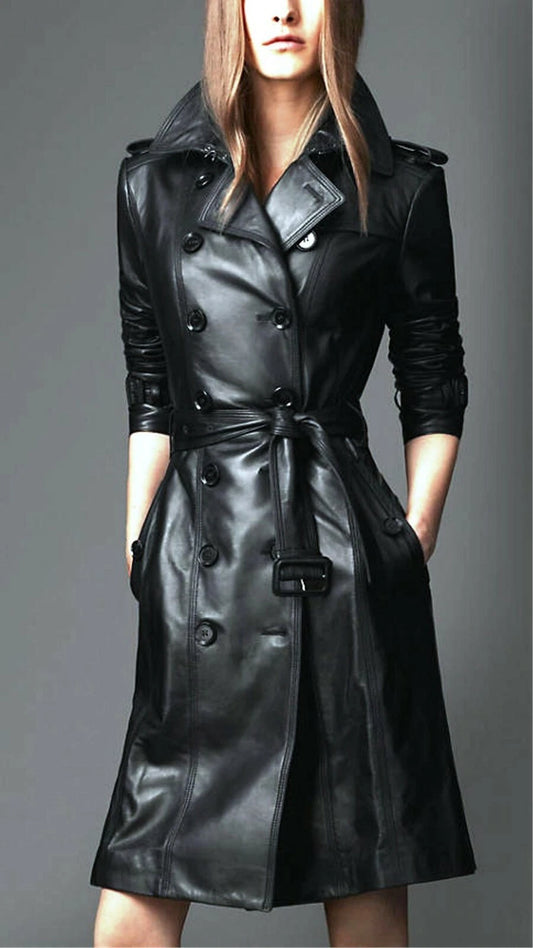 Long Lightweight Belted Leather Trench Coat