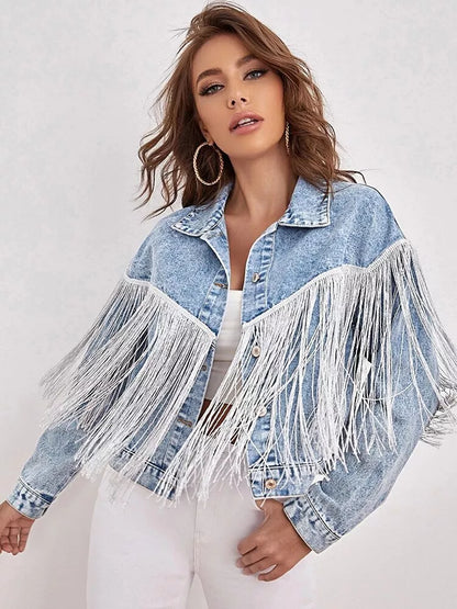 Light Wash Cropped Jean Jacket with Tassel Detail