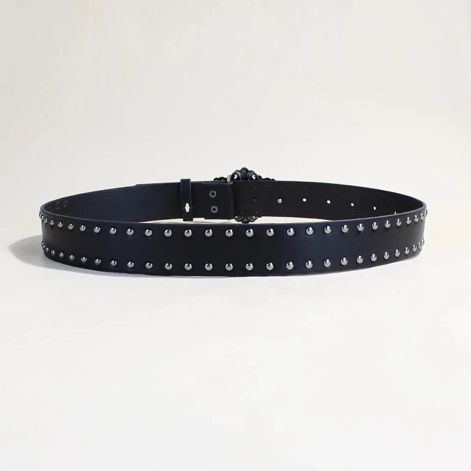 Women's studded black leather belt for jeans