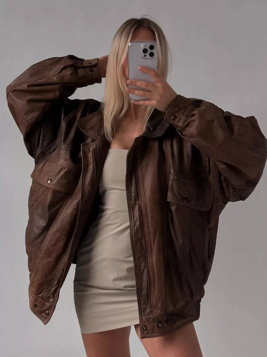 Real Leather Brown Oversized Jacket