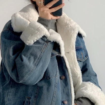 Oversized Faux Fur Lined Denim Jacket for Women