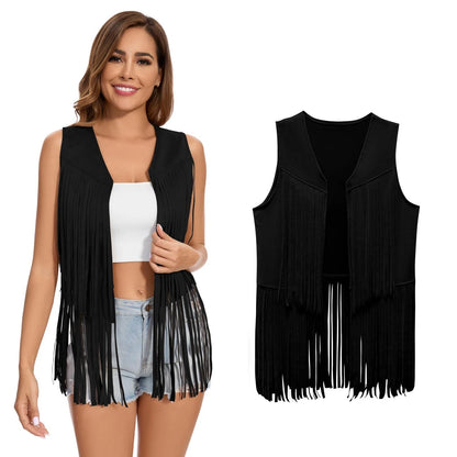 Black Faux Suede Fringe Vest for Women